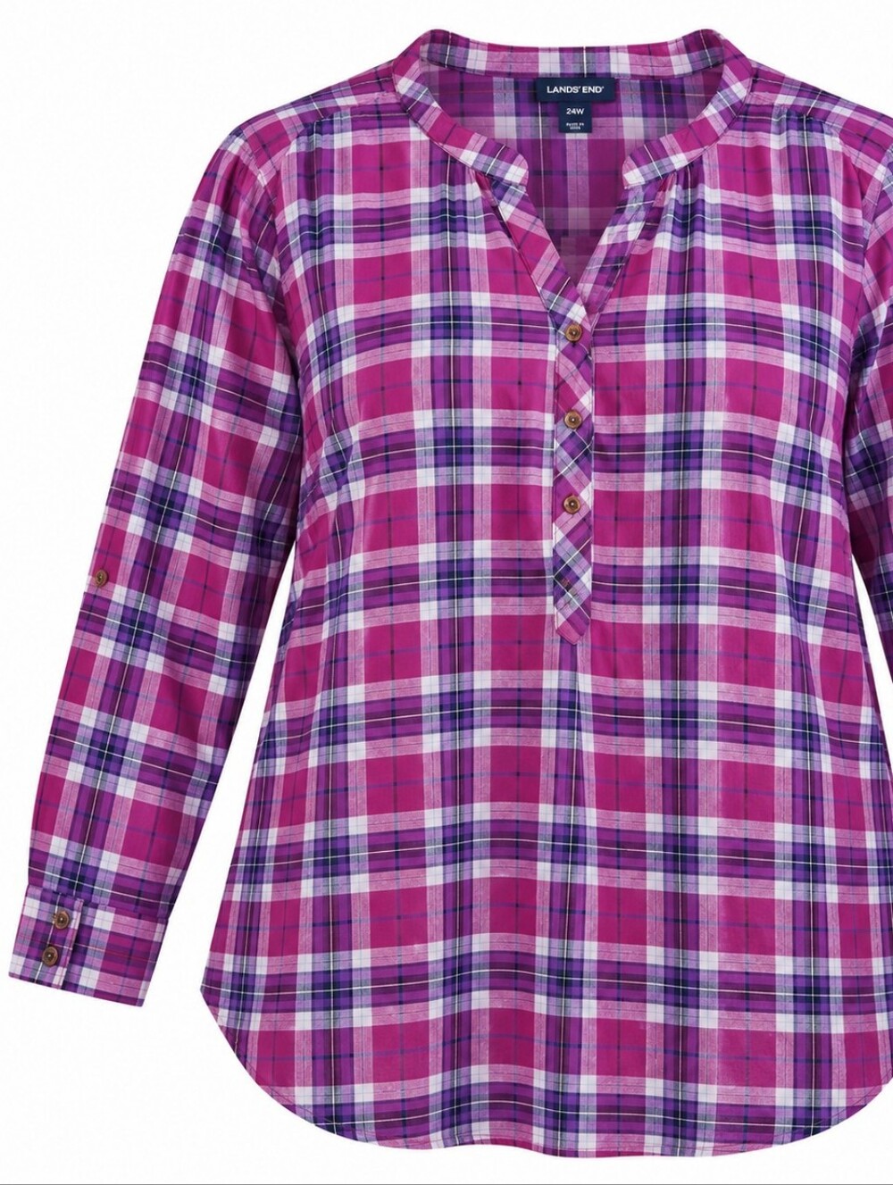 LANDS' END | Purple Pink Plaid Cotton Henley Long Sleeve Tunic Blouse Plus | 24W